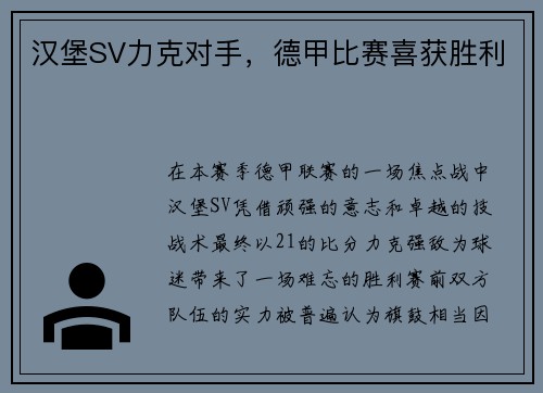 汉堡SV力克对手，德甲比赛喜获胜利