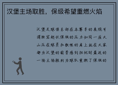 汉堡主场取胜，保级希望重燃火焰