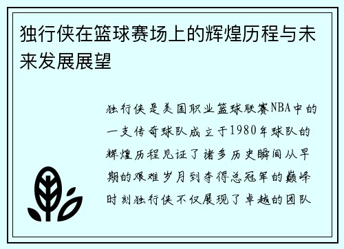 独行侠在篮球赛场上的辉煌历程与未来发展展望
