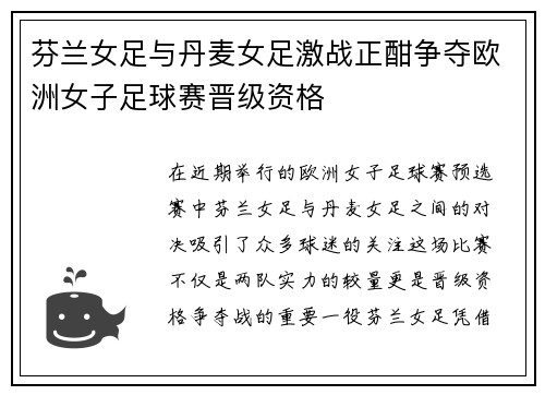 芬兰女足与丹麦女足激战正酣争夺欧洲女子足球赛晋级资格