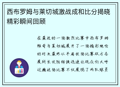 西布罗姆与莱切城激战成和比分揭晓精彩瞬间回顾