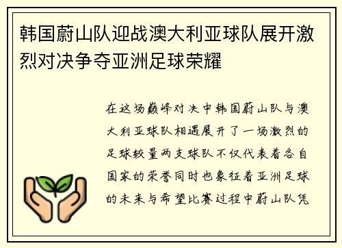 韩国蔚山队迎战澳大利亚球队展开激烈对决争夺亚洲足球荣耀
