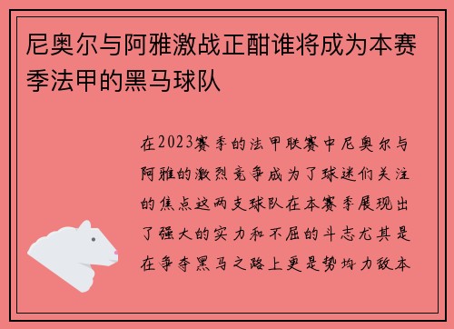 尼奥尔与阿雅激战正酣谁将成为本赛季法甲的黑马球队