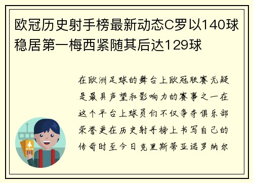 欧冠历史射手榜最新动态C罗以140球稳居第一梅西紧随其后达129球