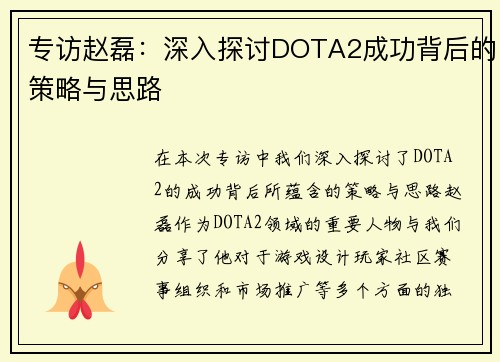 专访赵磊：深入探讨DOTA2成功背后的策略与思路