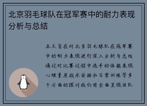 北京羽毛球队在冠军赛中的耐力表现分析与总结